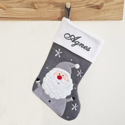 Gray woven Christmas stocking with name