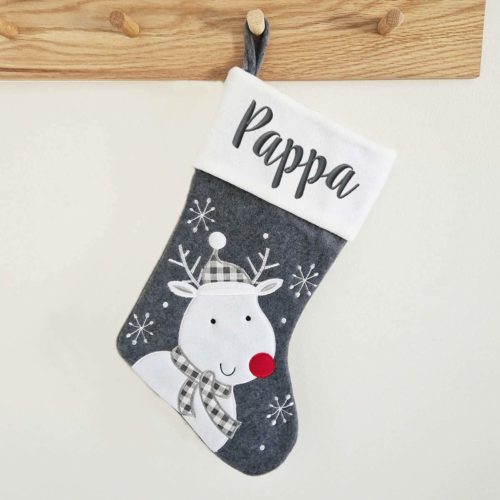 Personalized Christmas stocking gray with reindeer